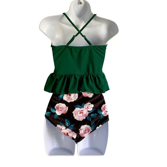 Two Piece Floral Swimsuit Green Peplum Top High-Waisted Rose Print Bottom M NEW - Picture 6 of 9